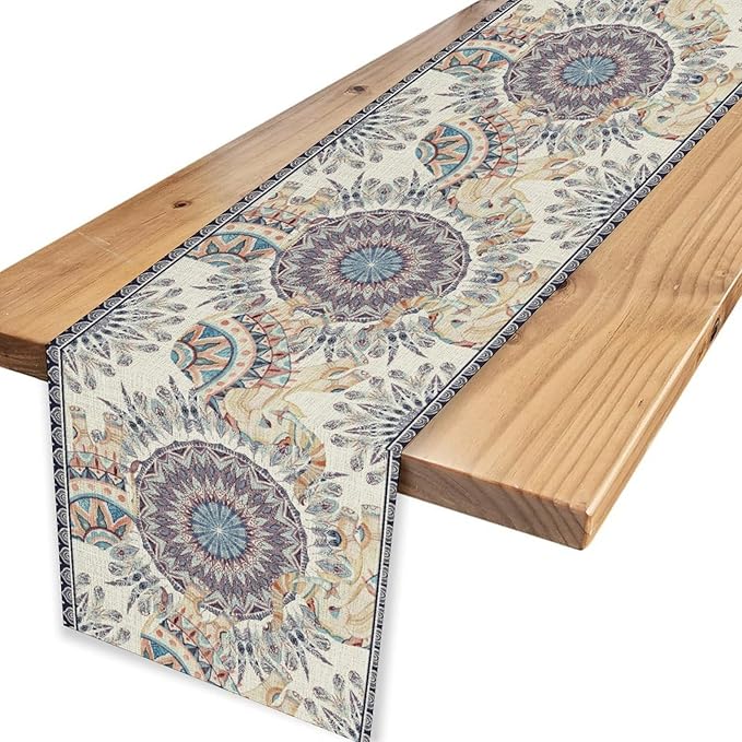 Boho Table Runner, Rustic Blue African Tribe Elephant Indian Diwali Damask Mandala Art Print Ethnic Folk Coffee Table Center Decor for Home Kitchen Holiday Party Outdoor Table Decorations, 13"x90"