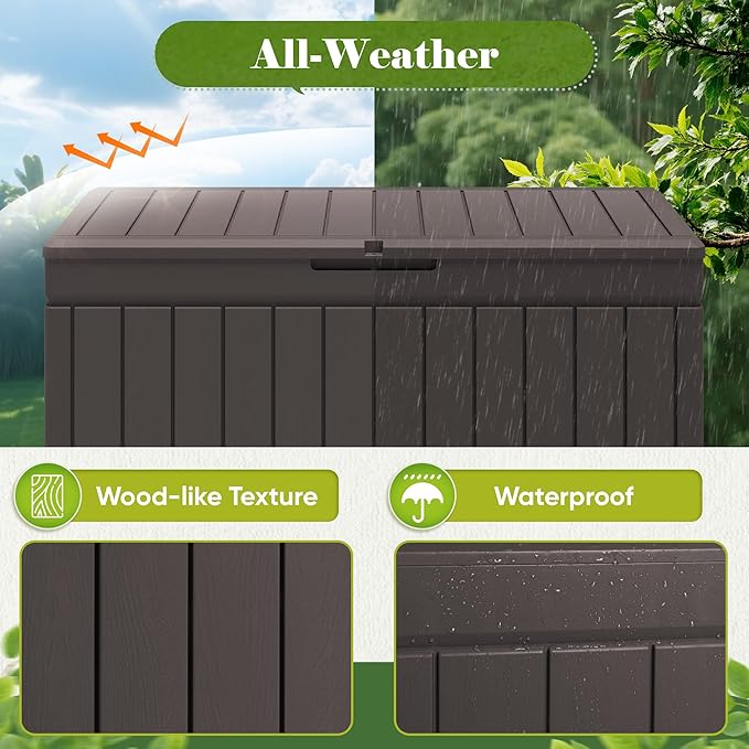 Flamaker Outdoor Storage Box 80 Gallon Resin Waterproof Deck Box Delivery Box with Wood Texture Large Storage Bin for Patio Cushions (Brown)
