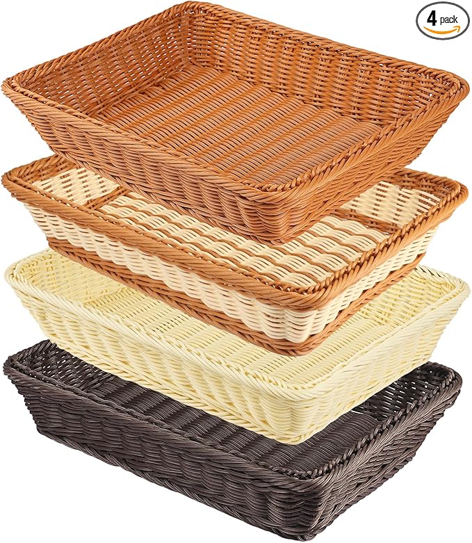 4 PCS 16x12 Inch Wicker Bread Basket, Woven Serving Basket, Tabletop Food Serving Basket for Restaurant, Bakery, Family Party, Hotel Serving, Fruits, Vegetables and Snacks(4 color)