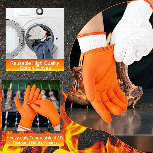 BBQ Gloves for Grilling Disposable Heat Resistant - 100 Nitrile Gloves + 4 Reusable Cotton Liners for Cooking Smoker -Orange XLarge