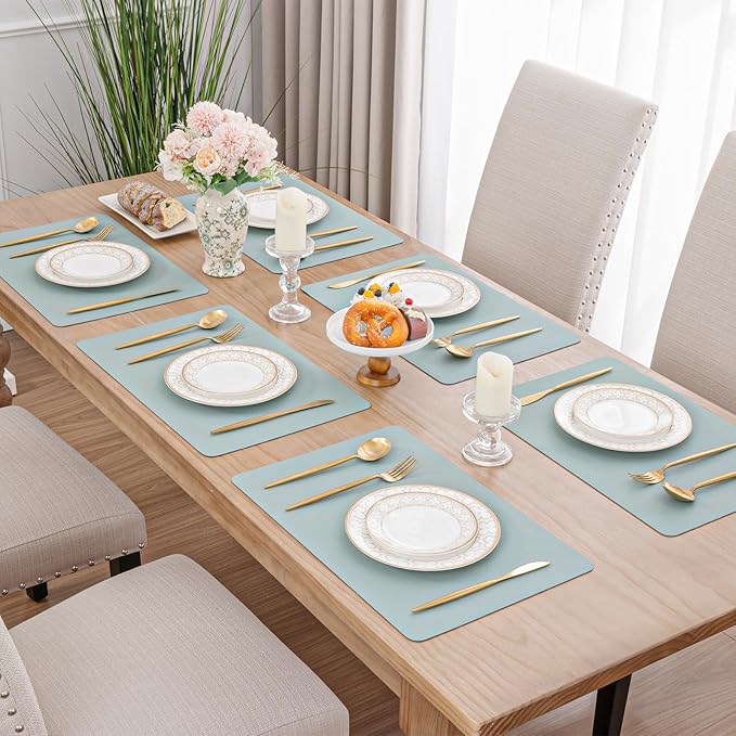 SHACOS Placemats Set of 6 Faux Leather Waterproof Leakproof Wipeable PU Non-Slip Vinyl Place Mats Heat Resistant Table Mats for Kitchen Dining Table Indoor Outdoor, Pale Green