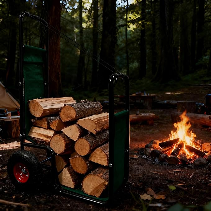 Firewood Cart with Pneumatic Wheel: 44 X 27 X 20 in Heavy Duty 220 lbs Load Capacity Waterproof Easy Assembly Rack for Indoor Garden Backyard Fireplace Men Women Use with Rubber Wheels