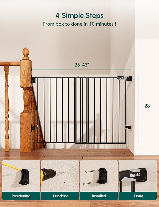 Babelio Baby Gate for Stairs, Kitchen & Doorways, No Bottom Bar| Easy Installation| One-Handed Operation| Auto-Close| Hardware Mount (Drill Needed) Safety Dog Gate (Black - 2 Pcs, 26-43" W, 28" H)
