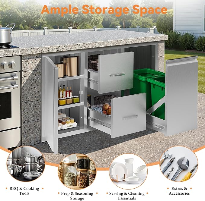 Jocisland Outdoor Kitchen Drawers 41.5" W×23" D×23" H Stainless Steel Drawers for Outdoor Kitchens, Double Drawer & Door Trash Drawer & 3-Tier Cabinet, Built-in BBQ Island Storage