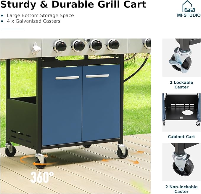 MFSTUDIO 4 Burner BBQ Gas Grill with Side Burner, Propane Grills with Porcelain-Enameled Cast Iron Grates, Durable Stainless Steel frame for Outdoor and Patio Backyard Barbecue Cooking, Blue