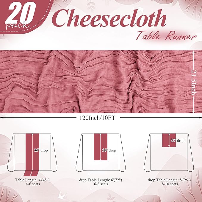 20 Packs Cheesecloth Table Runner 10FT Long Boho Gauze Fabric Table Runner Vintage Rustic Sheer Runners for Wedding Party Bridal Baby Shower Table Decorations (Dusty Rose )