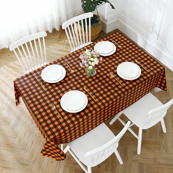 Romanstile Rectangle Vinyl Tablecloth, 100% Waterproof Buffalo Gingham Plastic Table Cloth, Heavy Duty Wipeable Checkered Table Covers for Outdoor, Camping, Picnic, Patio - 54 x 120, Black and Orange