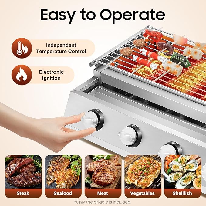 Gas BBQ Grill, Tabletop Outdoor Barbecue Grill with Food Tray Adjustable Height & 4 Independent Temp Control, Portable Stainless Steel Cooking BBQ Griddle For Camping Gatherings and Outdoor Activities