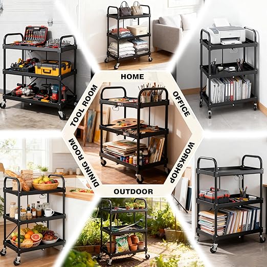 DUMOS 3-Tier Foldable Utility Cart Set of 2, Collapsible Service Cart with 4 Swivel Wheels & Brakes, 120LBS Capacity & Collapsible Storage Rolling Cart for Kitchen, Office, Garden, Garage, Black