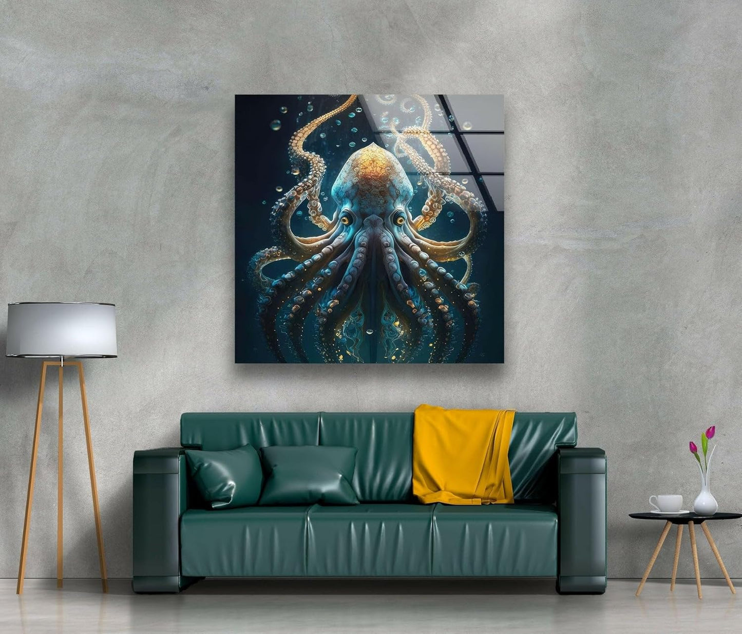 My Photostation.com 18Wx28H'' Underwater Blue Octopus Glass Wall Art Tempered Glass Printing Wall Decor Large Wall Art Wall Hangings
