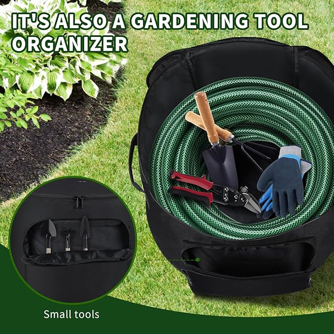 Garden Water Hose Holder Storage Bag Pot，Water Hose Hider，Holds 150 ft Hose ,Bottom With Drain Holes，Patio and Indoor-Black
