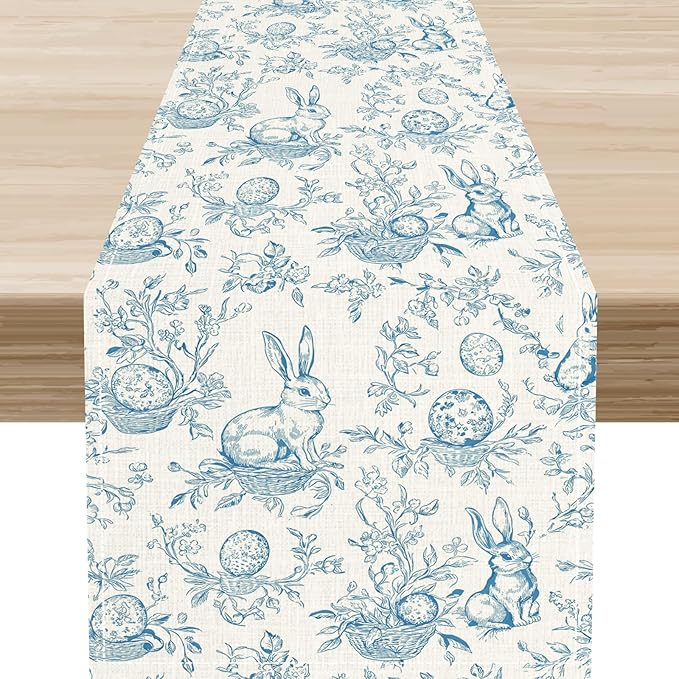 Easter Table Runner,Vintage Blue Beige Bunny Rabbit Easter Eggs Floral Spring Seasonal Table Center Decor for Family Kitchen Living Room Outdoor Farmhouse Party Table Decorations, 13"x72"