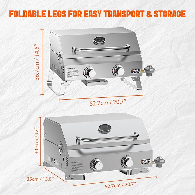 Tabletop Gas Grill 2 Burners, 20" Portable Propane Grill with Foldable Legs for Outdoor Patio Backyard Camping Tailgating RV Trip Beach, Stainless Steel Gas Stove 16000BTU, GS322