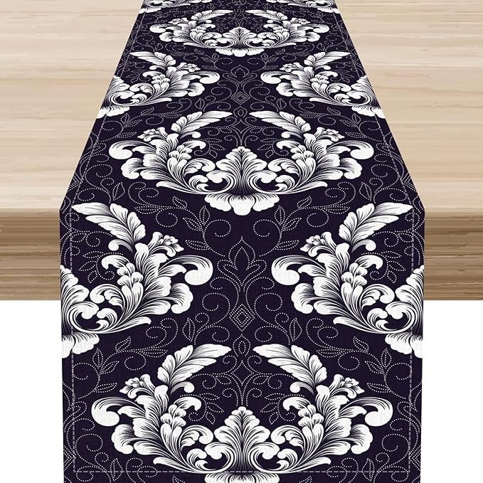 Gothic Table Runner, Antique Retro Damask Floral Bohemian Boho Purple Rustic Vintage Coffee Table Center Decor for Kitchen and Dining Outdoor Home Country Party Table Decorations, 13"x108"