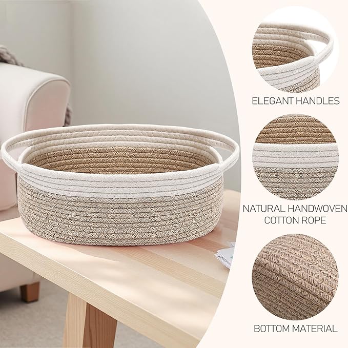 Woven Basket,Small Rope Storage Bin with Handles & Ribbon Bag, Organizer for Shelves Closets,Gift Basket Empty for Birthday,Books,Dog Toys, White&Oatmeal/3 Pack