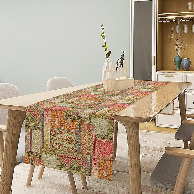 Colorful Patchwork Table Runner, Boho Floral Vintage Wildflower Rustic Paisley Design Table Runner for Dining Coffee Party Holiday Farmhouse 13x108in