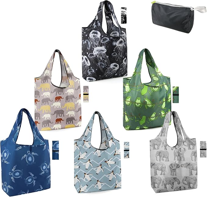 BeeGreen Turtle Reusable Grocery Bags Frog Elephant Penguin Jellyfish Shopping Bags Bulk 50LBS X-Large Heavy Duty 6 Pieces