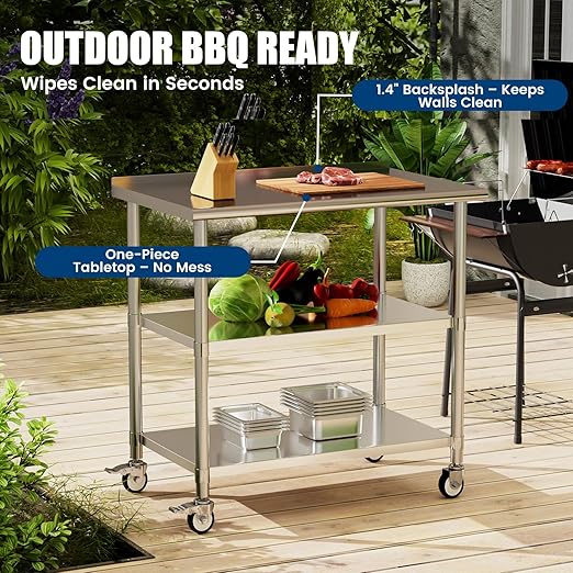 Stainless Steel Work Table with Wheels, 24x48 Inch NSF Food Prep Table with Backsplash & 2 Adjustable Undershelves for Commercial Kitchen, Restaurant, Garage