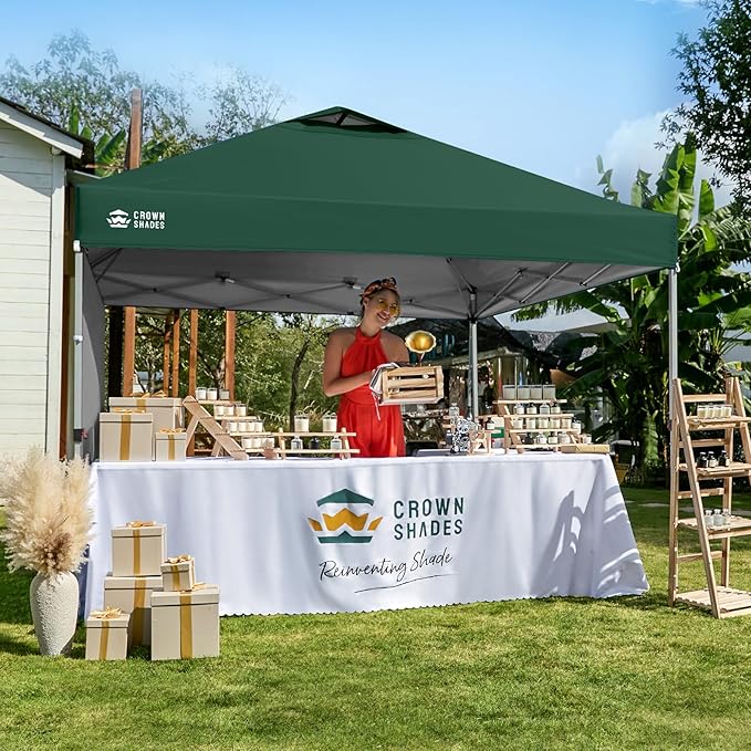 CROWN SHADES 10x10 Pop Up Canopy with 1 Side Wall - Beach Tent with One Push Setup - Outdoor Sun Shade for Events, Parties, Camping - Gazebo with STO-N-Go Cover Bag (Forest Green)