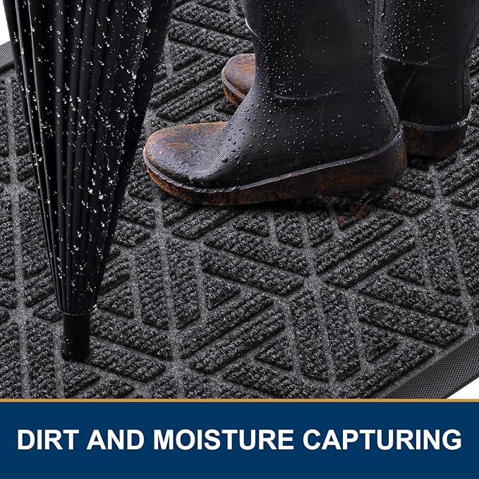 Smiry Front Door Mat Outside Entrance, Heavy Duty Sturdy Natural Rubber Doormat, Trap Dirt and Moisture, Easy Clean Low Profile Mats for Indoor Outdoor Entry, Grid Geometric (59x35, Grey)