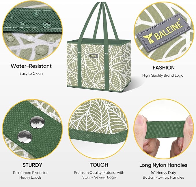 BALEINE 3Pk Reusable Grocery Bags, Foldable Shopping Bags for Groceries with Reinforced Bottom & Handles (Antique Foliage) | 3Pk, for Groceries, & Handles