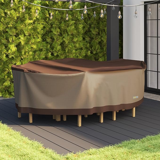 DUCKCOVERS Ultimate Waterproof Rectangular/Oval Patio Table with Chairs Cover, 107 Inch