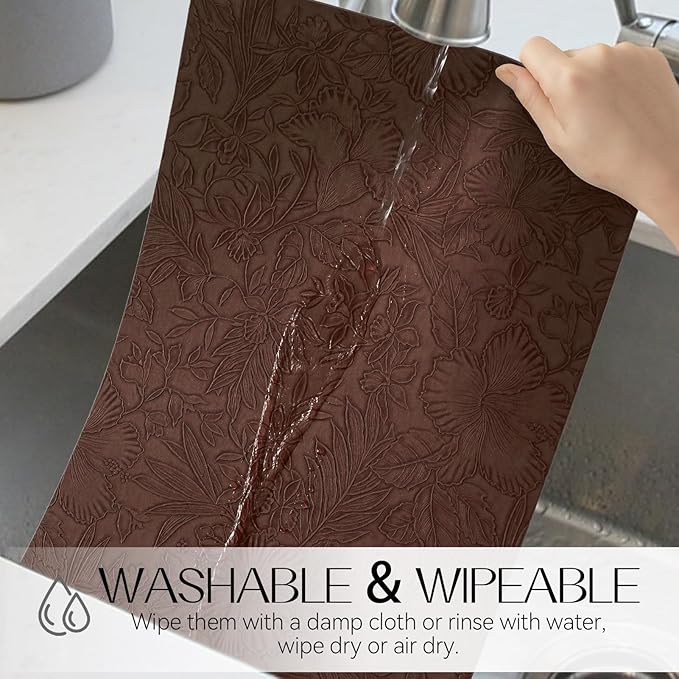 Romanstile Vinyl Placemats Set of 8-12 X 18 Inch - Heat Resistant Non-Slip Embossed Floral Place Mats 100% Waterproof Oilproof Wipeable Faux Leather Table Mats for Kitchen/Dining/Party, Brown