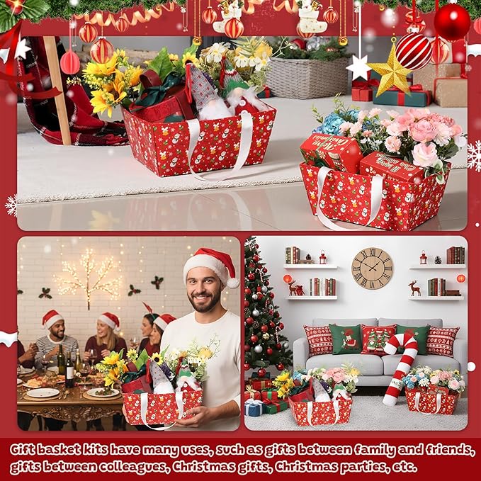 Pinkunn 48 Pcs Basket for Gifts Empty DIY Bulk Party Gift Basket Kit with Handles Market Trays for Packages Wrapping Wedding Party Anniversary Display(Red,Christmas)
