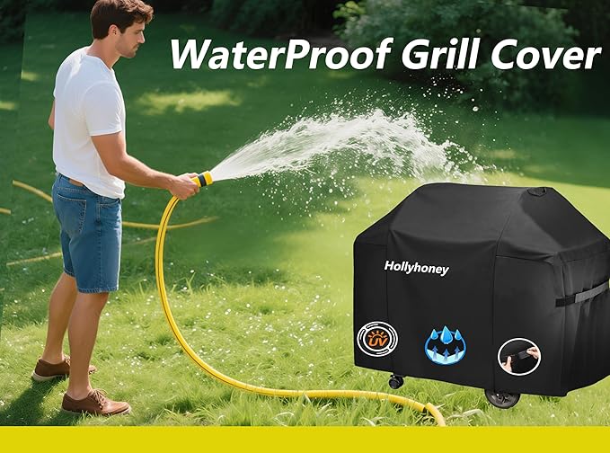 Grill Cover for Outdoor Grill,58 Inch,Black–Upgraded Lightweight Material,Waterproof,Weather Resistant,UV & Fade Resistant with Adjustable Straps–BBQ Gas Grill Cover for Weber Genesis,Charbroil,etc