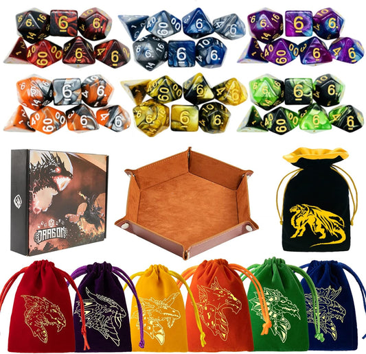 DND Dice Set 42 Pcs Polyhedral Dungeons and Dragons Rolling Dice for D&D RPG MTG Table Games Dice Bulk with Colorful Drawstring Bags and Dice Tray (Double-Color)