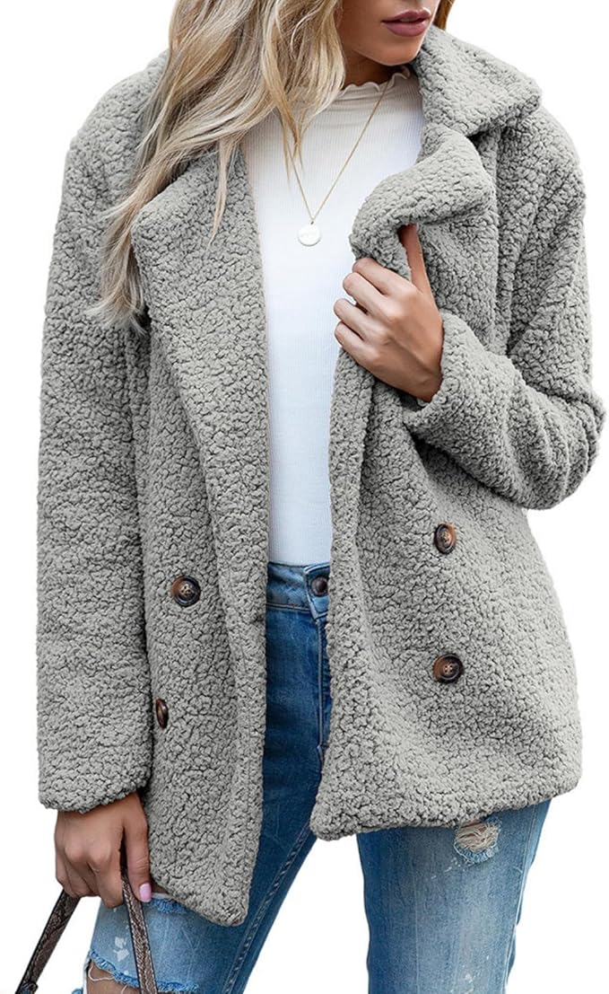 Women's Winter Warm Plush Cardigan Fuzzy Fleece Lapel Jacket with Buttons Pockets Long Sleeve Casual Outerwear