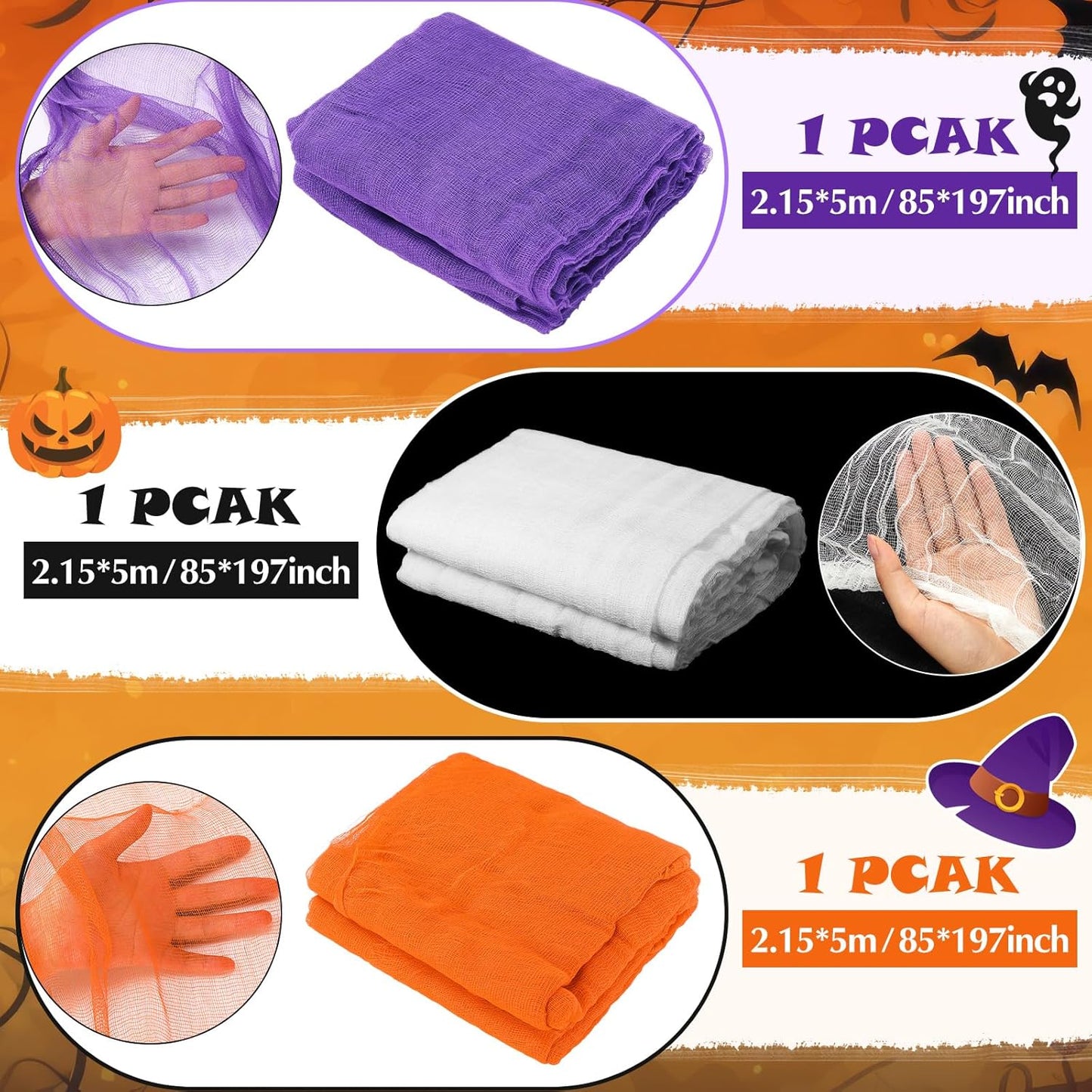 Boao Halloween Cheese cloth 84.65 x 590.55 Inch White Orange and Purple Cheesecloth Roll for Crafts Large Cotton Muslin Gauze Fabric for Halloween Outdoor & Indoor Spooky Decoration
