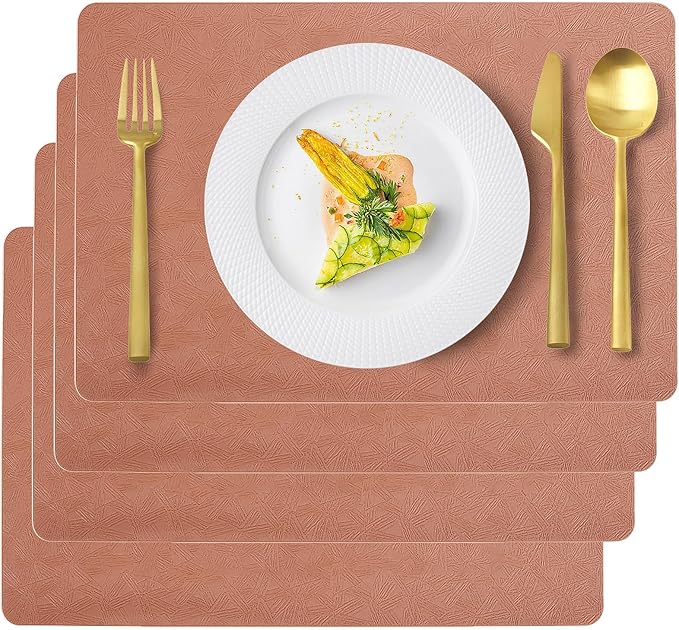Vinyl Placemats Set of 4 Faux Leather 100% Waterproof Wipeable Washable Place Mats Heat Resistant Easy Clean Non-Slip Table Mats for Indoor Outdoor. (4, Coral)