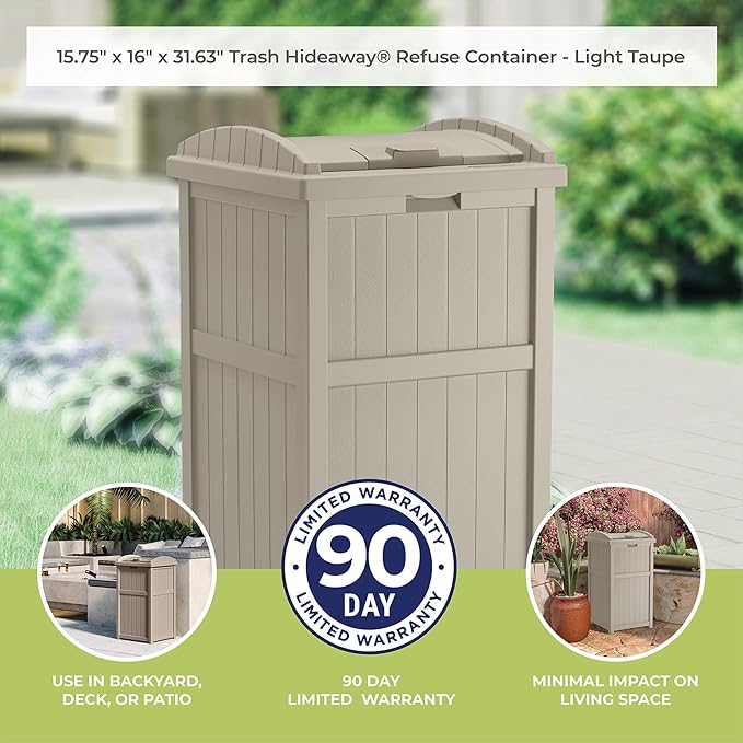 Suncast Hideaway Outdoor Trash Can with Lid - 30 Gallon Trash Can, Light Taupe, Decorative Wicker-Style Garbage Bin, Weather-Resistant Resin Fits 30-33 Gallon Bags, Ideal for Patio & Yard, Made in USA