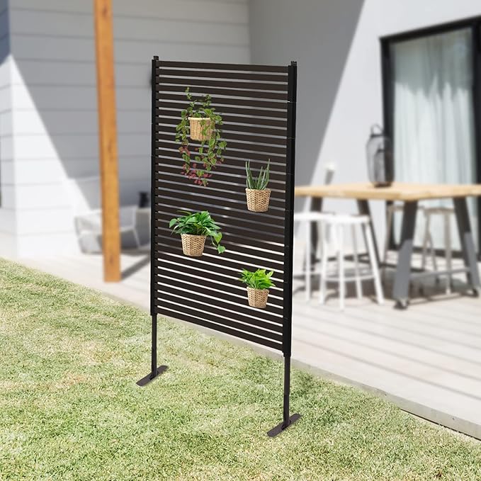 Outdoor Privacy Screens Freestanding, 35.5" W x 59" H Metal Slatted Decorative Privacy Screen and Panels with Stand, Brown Backyard Panels for Garden Patio