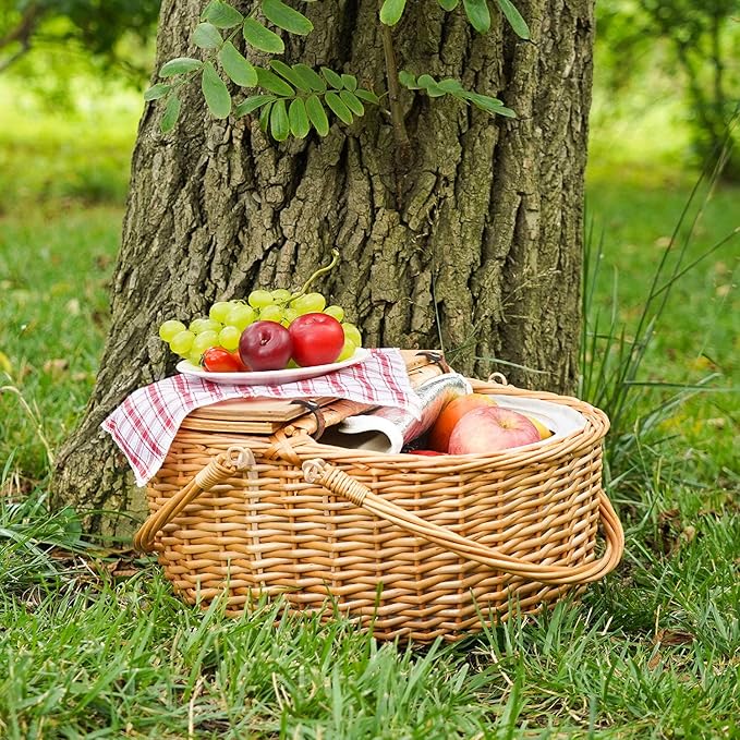 Wicker Picnic Basket with Liner, Wooden Split Lid Picnic Basket, Vintage-Style Picnic Hamper with Folding Woven Handle for Picnic, Camping, Outdoor, Valentine Day, Thanks Giving, Birthday (Grey)