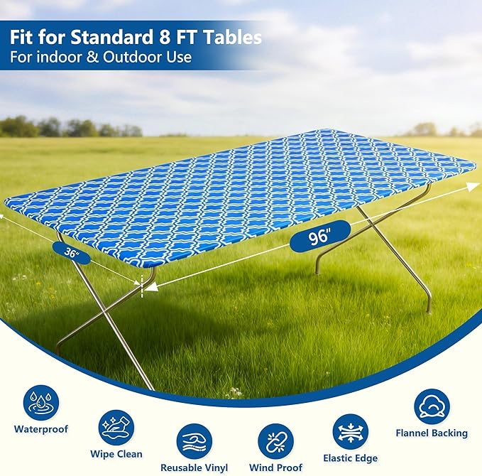 Rectangle Picnic Table Cloth, Elastic Waterproof Fitted Vinyl Tablecloths for 8 Foot Tables, Wipeable Flannel Backed Table Covers for Dining, Camping, Outdoor(Blue,36"x96")