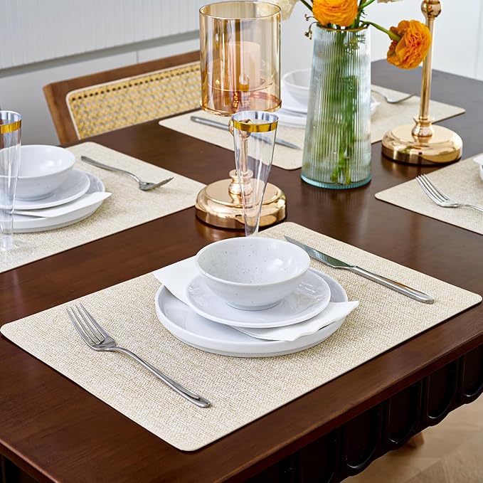 FOCUSLINE Faux Leather Placemats Set of 6, Beige Table Place Mats, Waterproof and Non-Slip Dining Table Mats for Indoor & Outdoor Use