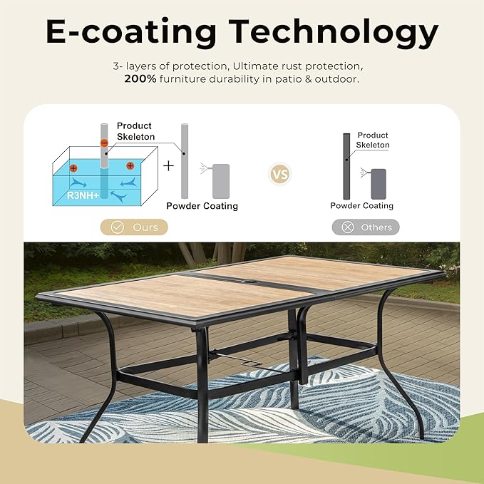 Outdoor Patio Dining Table for 6, 60" x 37" Rectangular Metal Patio Dining Table with Umbrella Hole and Faux Wood Tabletop, All Weather Wrought Iron Black Outdoor Table for Backyard and Porch