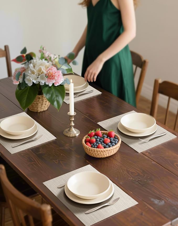 Leetaltree Beige White Placemats Set of 20 - Heat Resistant Non-Slip Place mats for Dining Table, Washable Durable PVC Vinyl Woven Table Mats(Beige White, 20)