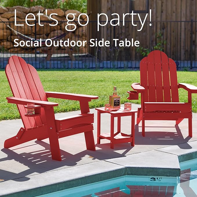 LUE BONA Adirondack Outdoor Side Table, 2-Tier Bright Red HDPS Patio End Table Weather Resistant, Morden Side Table for Patio, Pool, Porch