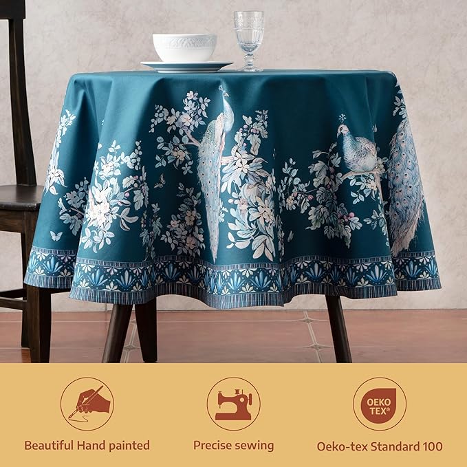 Maison d' Hermine Premium Table Cloth Round Table 100% Combed Cotton 70" Diameter Inches Tablecloth Reusable Decorative for Dining Room, Farmhouse, Party, Festive & Wedding - Peacock Utopia - Deep Sea