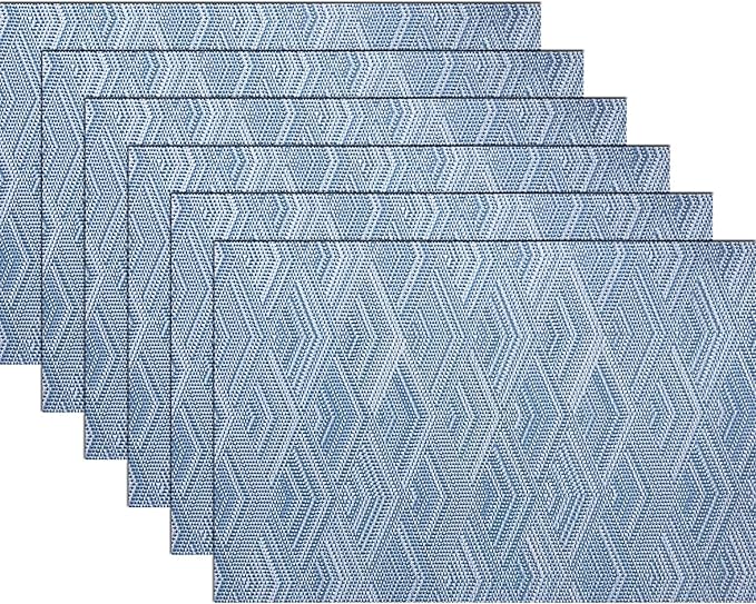 Druable Placemats Set of 6, Plastic Heat-Resistant Non-Slip Vinyl Place Mats Washable Easy to Clean 18"x12" Placemats for Indoor Outdoor Table Decor (Blue)