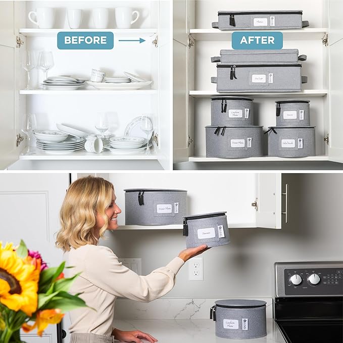 China Storage Hard Shell Containers 8-Piece Set Moving Boxes for Dinnerware, Glasses, Plates, Mugs and Saucers Sturdy Dish Organizer with Dividers for Seasonal Storage - Service for 12 - Gray