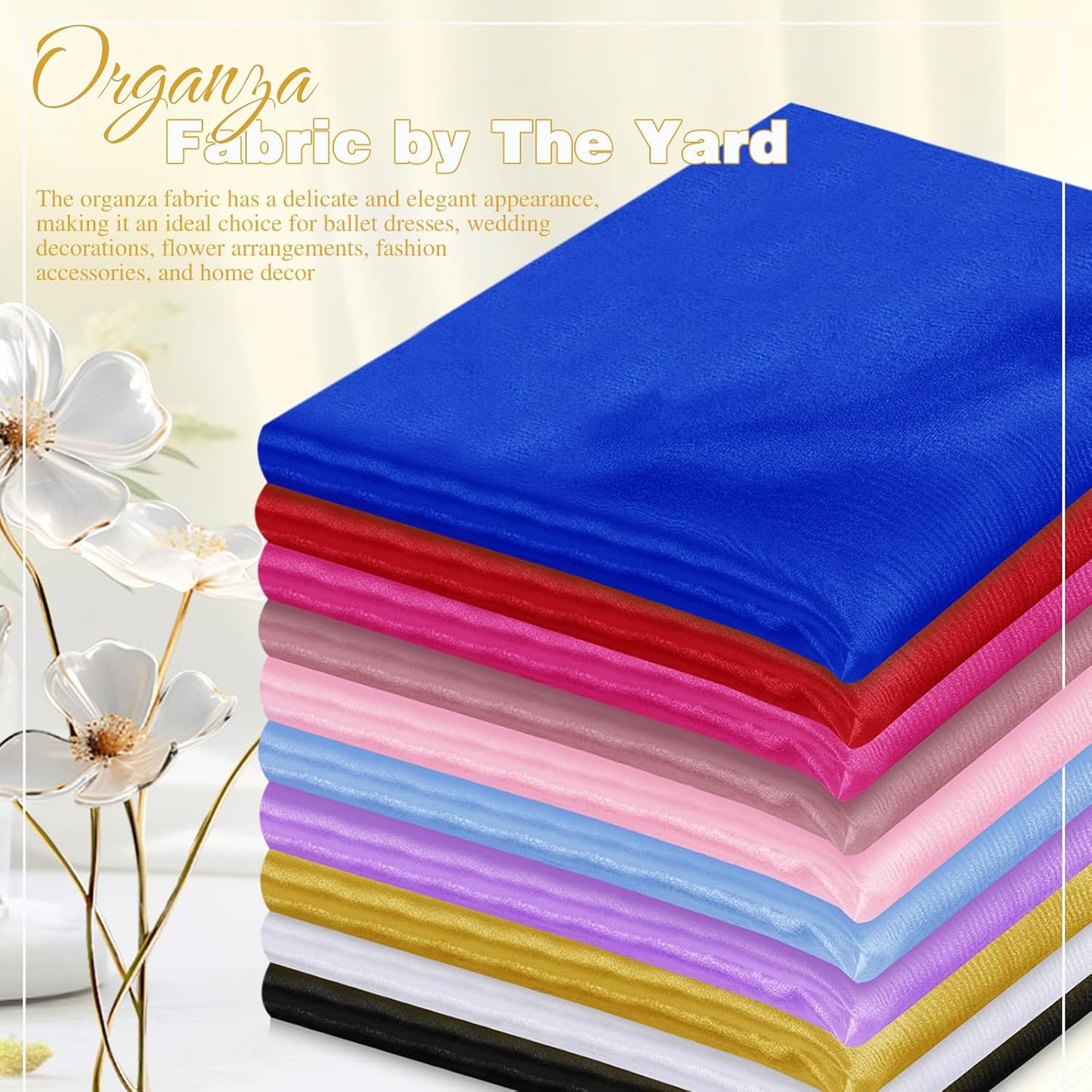 VACVELT Sheer Organza Fabric by The Yard, 60 Inch Wide Gold Organza Fabric Bolt Bridal Sheer Tulle Fabric, Silk Organza Roll for Wedding Party Decorations Backdrop Curtain (2 Yards)