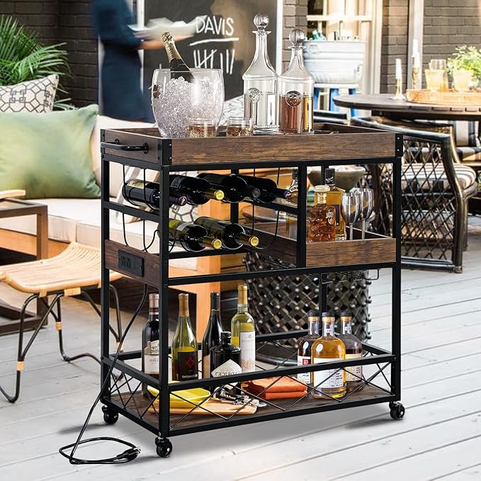 Bar Cart with Power Outlet, Industrial Kitchen Serving Cart with Wine Rack & Glass Holder, Coffee Bar Table Station with Storage, Rolling Cart on Wheels with 59IN Cord, Brown