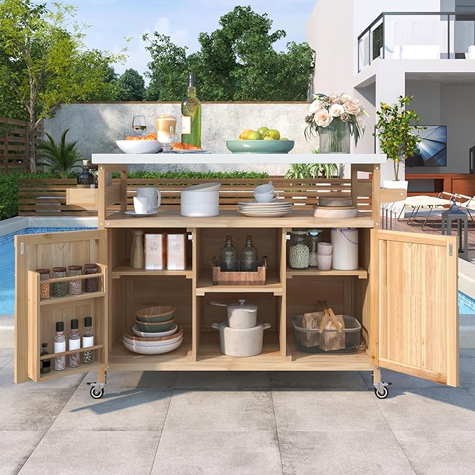 Grill Table,Rolling Bar Cart, Storage Cabinet, Artificial Board,with Stainless Steel Top, Spice Rack, Towel Rack, Storage Space,Kitchen,Outdoor