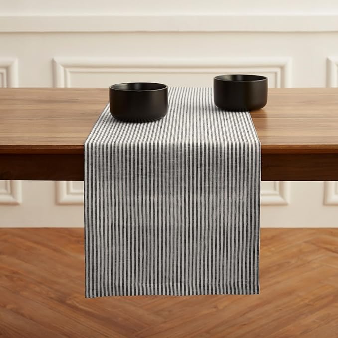 Solino Home Linen Table Runner 36 Inches - Narrow Stripe 100% Pure Linen Black and White Farmhouse Table Runner 14 x 36 Inch Ideal for Dresser and Coffee Tables - Winter, Spring, Easter