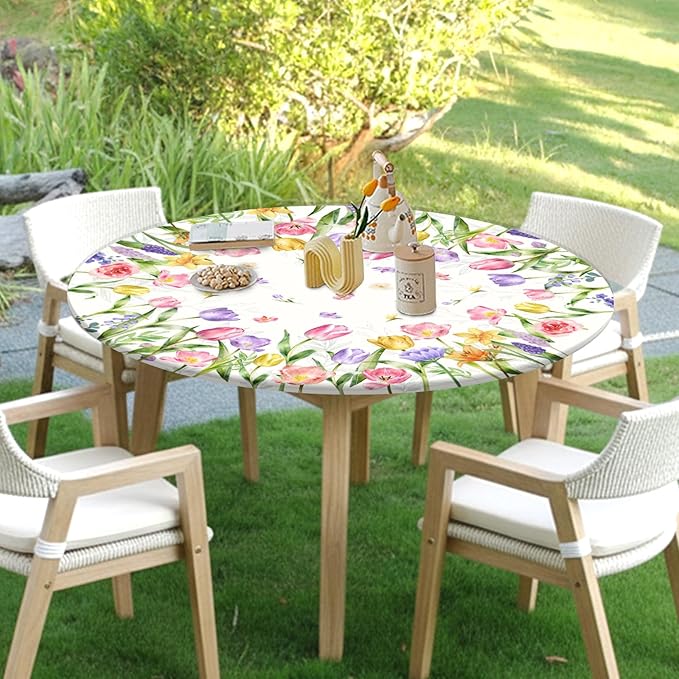 Spring Summer Easter Round Fitted Tablecloth with Elastic Edge Tulip Lavender Floral Circle Table Cloth for 48-52" Tables Wipeable Waterproof Farmhouse Flowers Table Cover for Picnic Dining Outdoor