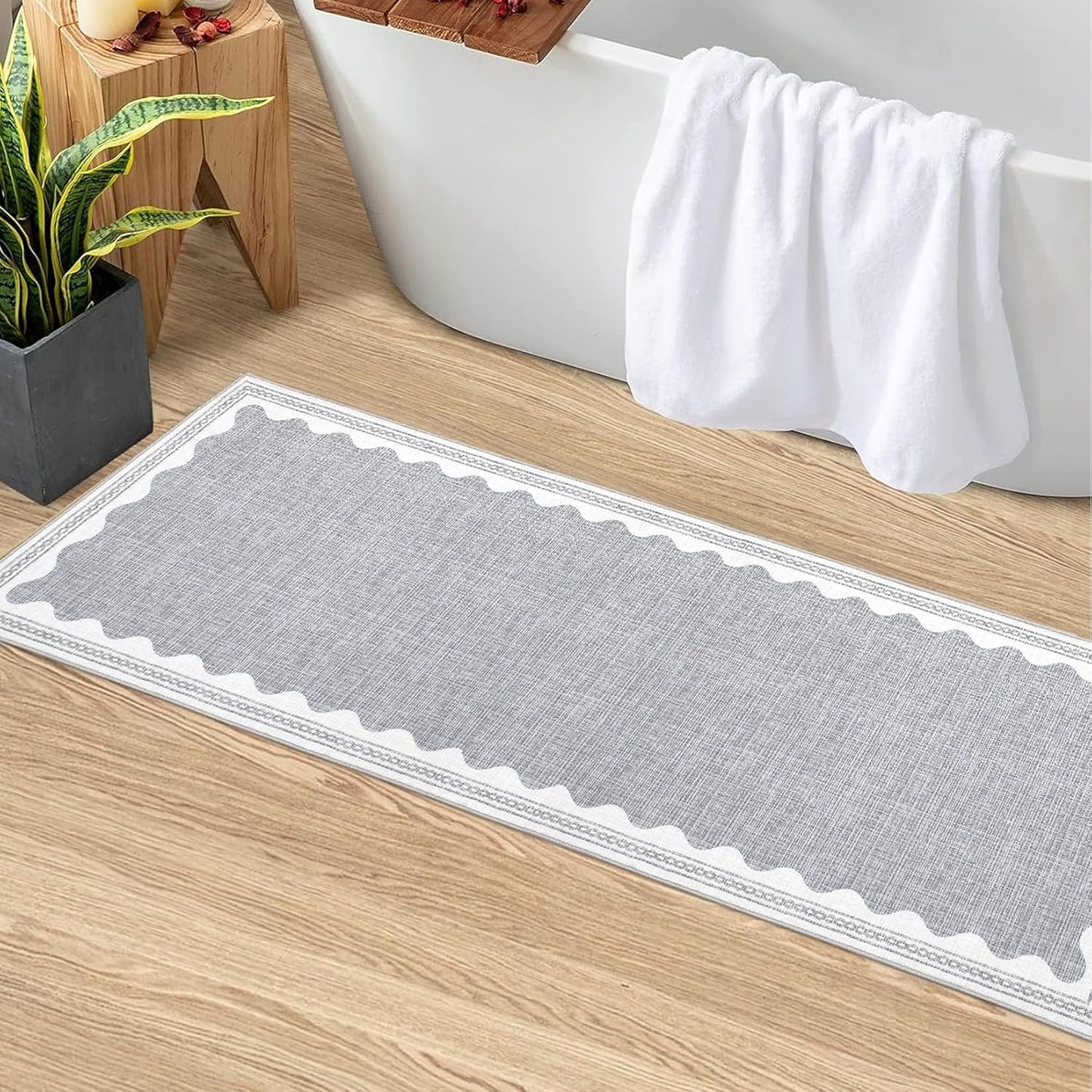 Scalloped Rug 2.5x10 Runners for Hallways, Solid Grey Non Slip Scalloped Bath Runner, Washable Rug for Bedroom Girls, Rugs for Kitchen Floor Soft Dorm Nursery Carpet for Bedside